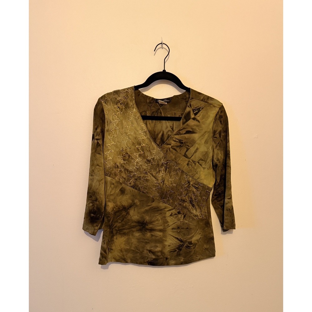 Only Nine Women's Burgandy Tie Dye 3/4 Sleeve V-Neck Blouse s PL